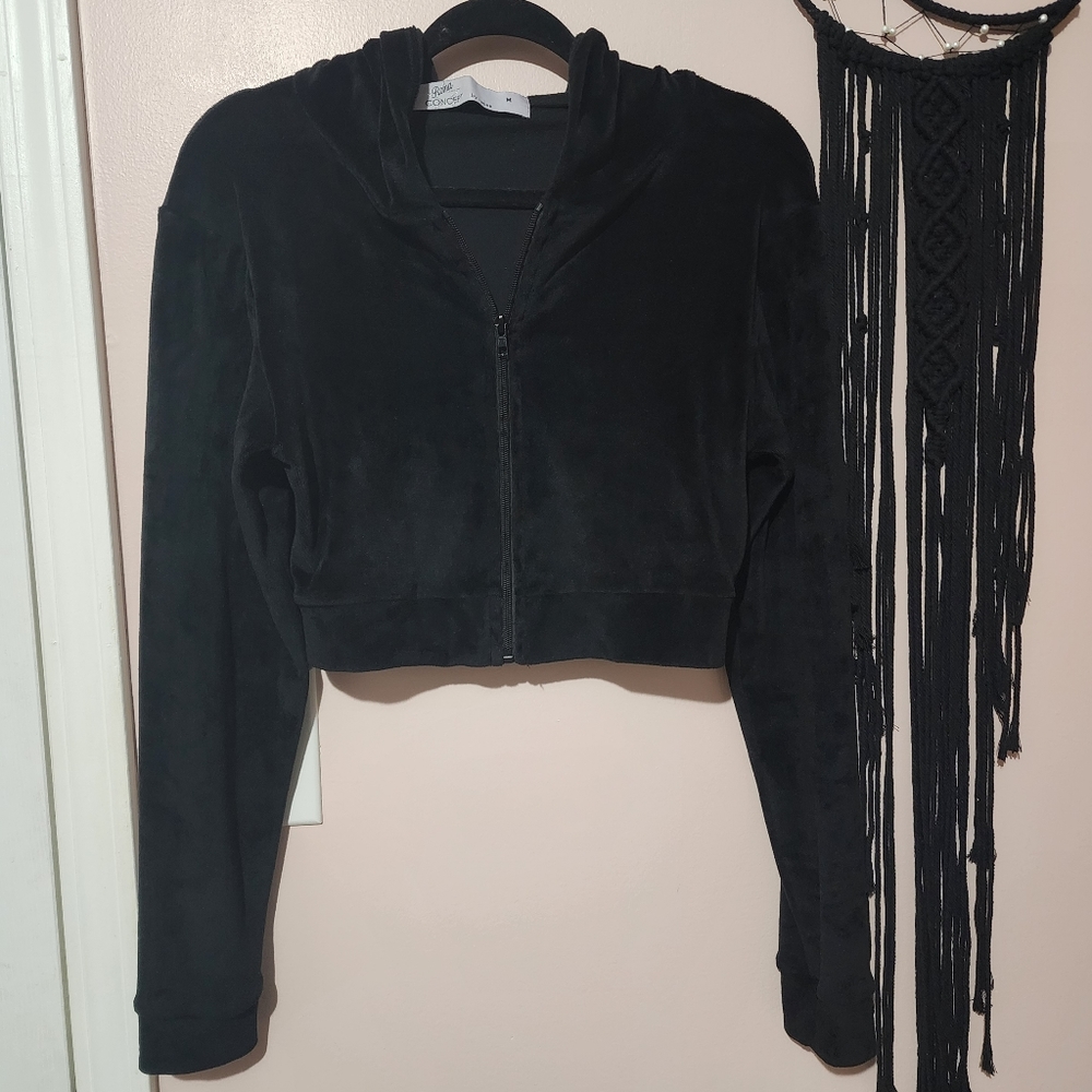 Roma Concept Cropped Black Velvet Velour Zip Hoodie Size Medium